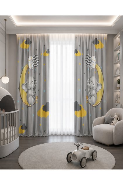 Double Winged Children's Room Background Curtain with Elephants and Balloons on the Moon