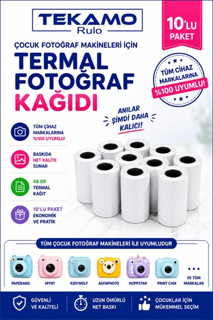 Çocuk Fotoğraf Makinesi Kağıdı Tüm Mini Cihazlarla Uyumlu Rulo 10 Adet