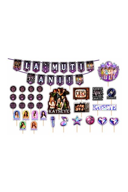 Set de petrecere personalizat KATSEYE, 29 de piese – Banner La Mulți Ani, Toppere pentru tort, Etichete pentru dulciuri și Certificat de Ziua de Naștere, Set complet de decorațiuni pentru petrecere