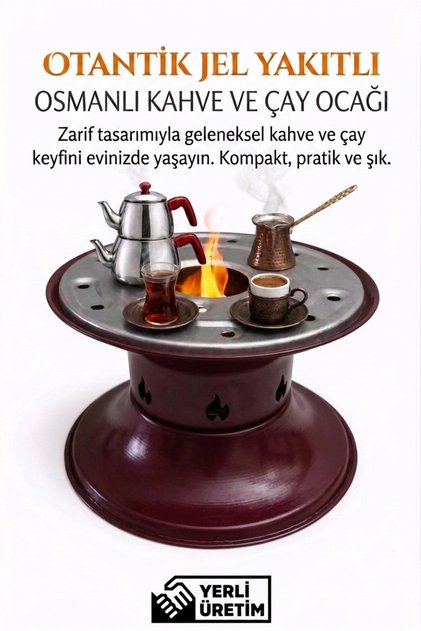 Bordo Otantik Jel Yakıtlı Osmanlı Kahve ve Çay Ocağı – Taşınabilir Kamp ve Ev Tipi Bordo Renk Ocak