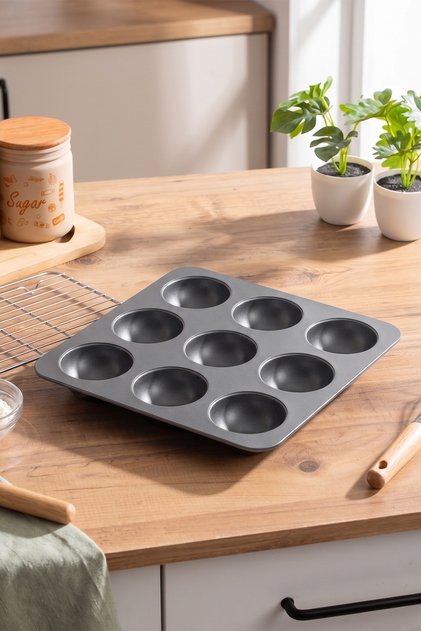 30017 Silikon 9lu Muffin Kalıbı Köstebek Kek Kalıbı Antrasit 24,5cm