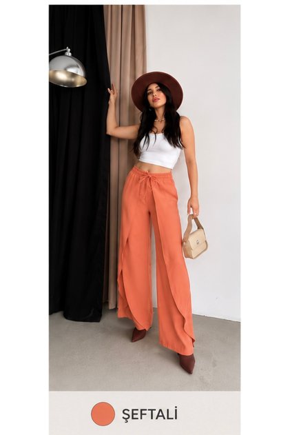Women's Peach Modal Fabric Curtain Model Wide Leg Elastic Waist Lace-Up Trousers