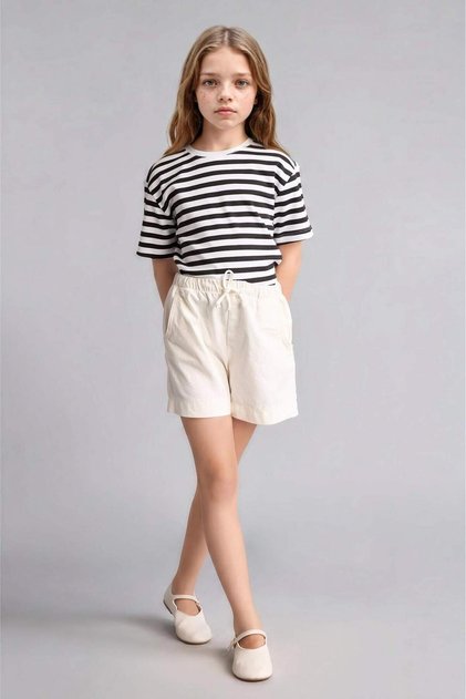 100% Cotton Regular Fit Elastic Waist Gabardine Ecru Shorts for Girls I0060A826Hs