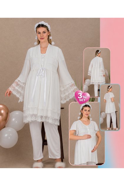 Elegant Lace Detailed Ecru Maternity 3-Piece Set Dressing Gown Nightgown Set