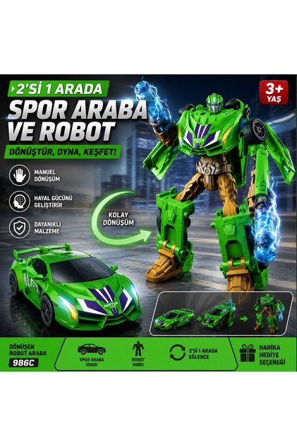 Dönüşen Robot Araba 2'si 1 Arada Spor Araba ve Robot Oyuncak Manuel Dönüşüm YEŞİL