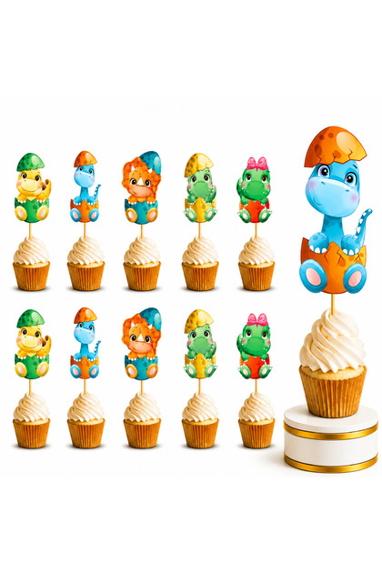 Dinosaur Cupcake Ornament 10-Piece Toothpick Ornament Baby Dino Birthday Party Cake Ornament
