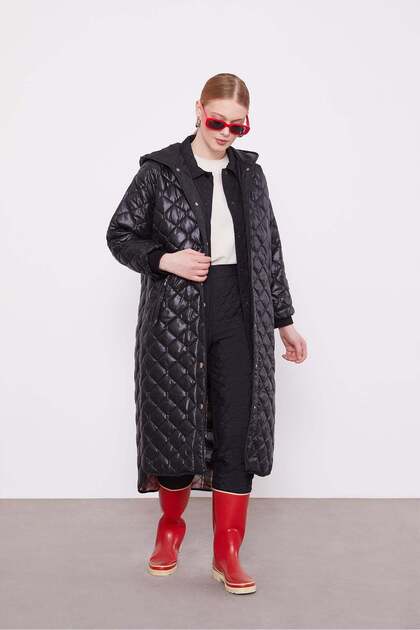 Black Shiny Quilted Snap Button Coat