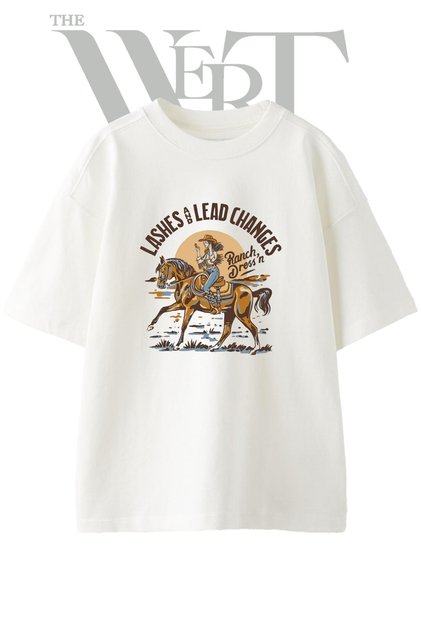 Cowgirl Horse Design Printed Unisex White Oversize T-Shirt