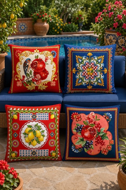 Set of 4 Cushion Covers with Pomegranate, Lemon and Bird Patterns