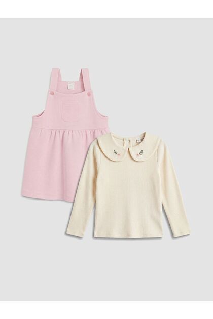 Lcw Baby Pink Embroidery Detailed Baby Girl Salopet and T-Shirt