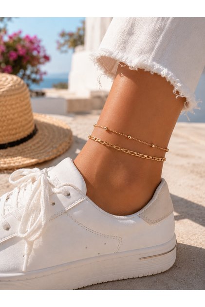 Steel 2 Chain Cube Model Dorika Bulk Women's Anklet Gold / with Extension Chain