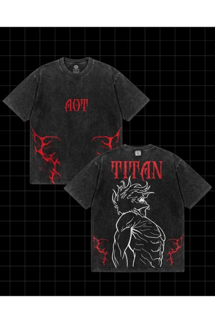 Anime Attack on Titan Baskılı Yıkamalı Vintage Unisex Oversize T-Shirt