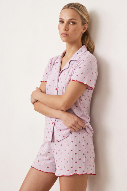 Lilac Cherry Patterned Buttoned Pointelli Knitted Shorts Pajama Set 26120280