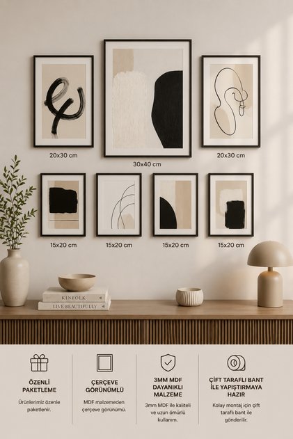 7-Piece Frame-Looking Painting Set | Bohemian Abstract Modern | Nordic Minimalist | Boho Salon, Office, Kitchen and Study Room Wall Decor