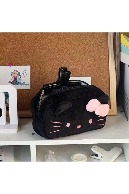 black 1pc Cute Cartoon Plush Pencil Case,Big Capacity Stationery Pouch, Stationery Storage Box Back