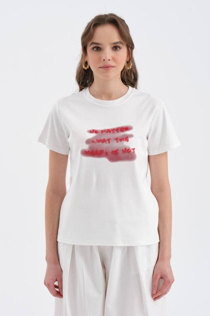 Women's 100% Cotton T-Shirt with Front Print and Bead Embroidery Detailed Design