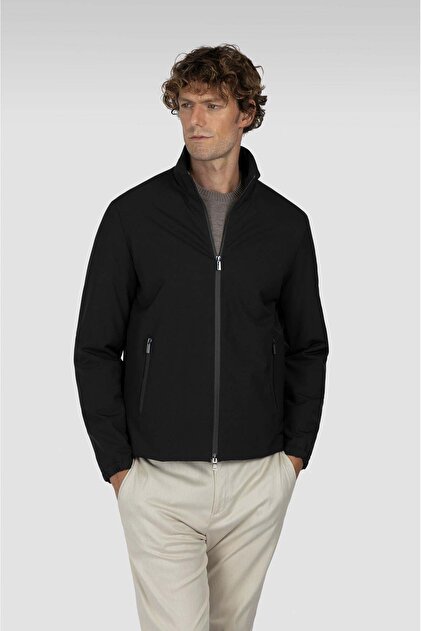 Men's Regular Fit Stand Collar Long Sleeve Black Jacket