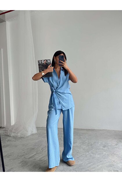 Lace-Up Short Sleeve Linen Set - Blue