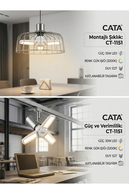 CT-1151 30W Pervane LED Ampul Gün Işığı 3200K E27 Duy Katlanabilir