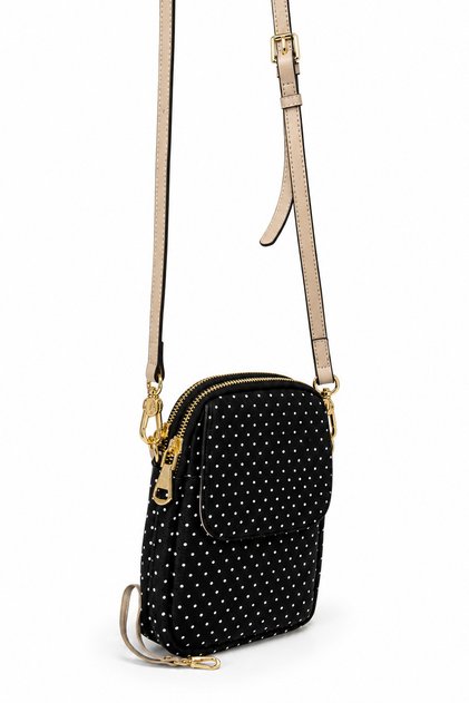 Polka Dot Patterned Clamshell Wrist and Long Strap Money and Phone Bag Black and White