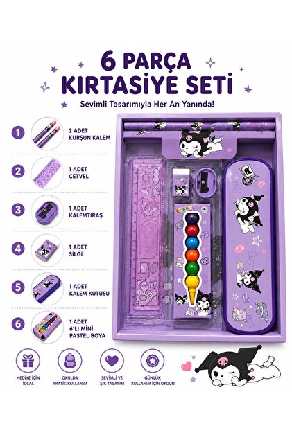 6 Parça Mor Sevimli Kuromi Karakter Kırtasiye Okul Seti