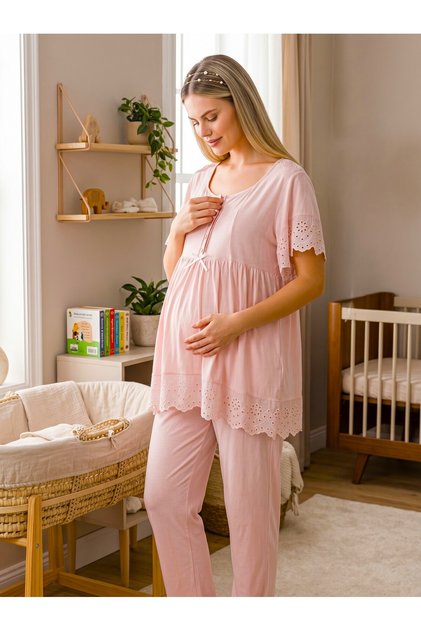 New Season Powder Scallop Linen Detailed Design Short Sleeve Maternity Pajama Set with Easy Breastfeeding Feature