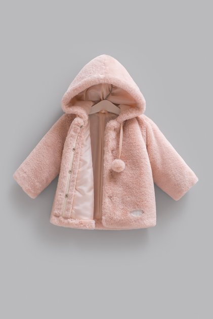 Baby Girl Coat Hooded Pompom Plush Coat with Snap Buttons