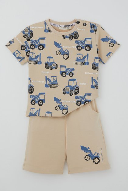 Boy's Shorts Set Excavator Construction Vehicle Patterned 1.5-5 Years, Beige
