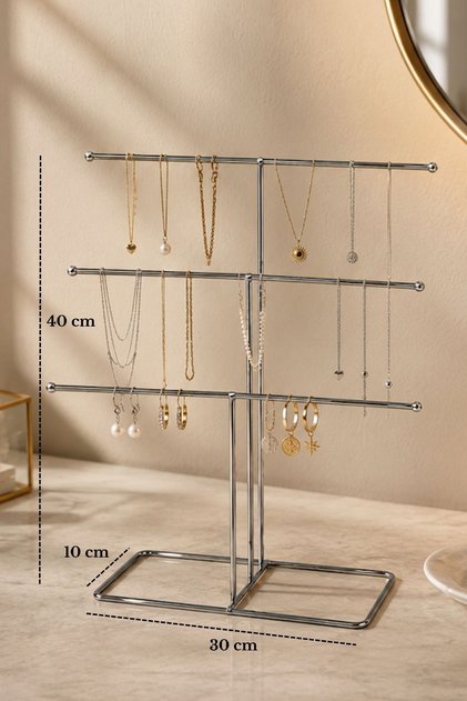 Shiny Silver 6-Arm Metal Jewelry Stand - Necklace, Earring, Bracelet Organizer Desktop Jewelry Organizer