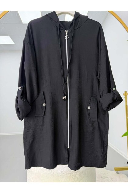 Hooded Zipper Cap with Sleeve Epaulet Detail Black