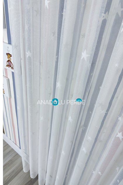 Star Detailed Children's Room Tulle Curtain I 1/2.5 Medium Pile I Non-Crease, No Ironing Required I Ready to Use I with Cornice Buttons