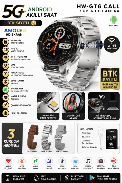 HWGT6 cal BTK Kayıtlı 5G Android Akıllı Saat AMOLED Ekran Kamera GPS WiFi Hotspot SIM Kart Destekli 3 Kor