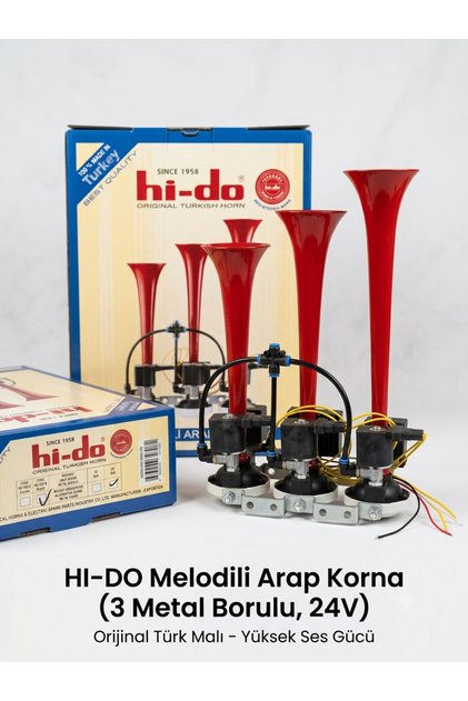 Hi-Do HD520B 24V Melodili Arap Korna 3’lü Metal Borulu Havalı Korna Kırmızı
