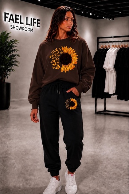 Unisex Wide Cut Zero Neckline and Sweatpants Moonflower Printed Set