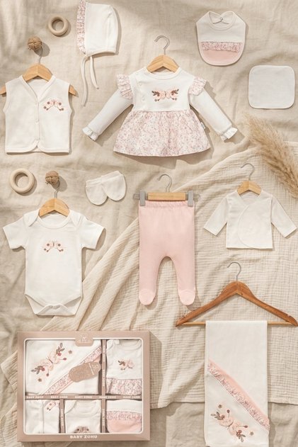 Aria Rose 10-Piece Baby Girl Hospital Discharge Set - 100% Cotton, Butterfly Embroidery and Floral Pattern Luxury