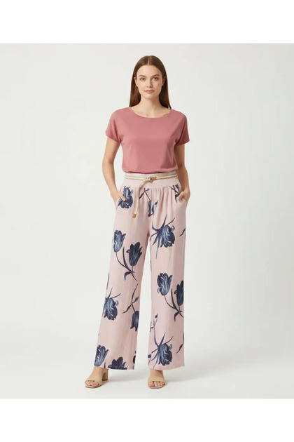 Floral Patterned Wide Leg Pants with Rope Belt