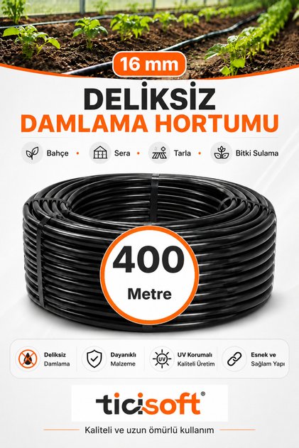 400 Metre 16 mm Deliksiz Damlama Sulama Hortumu Bahçe Sera Tarla Bitki ve Ağaç Sulama Borusu