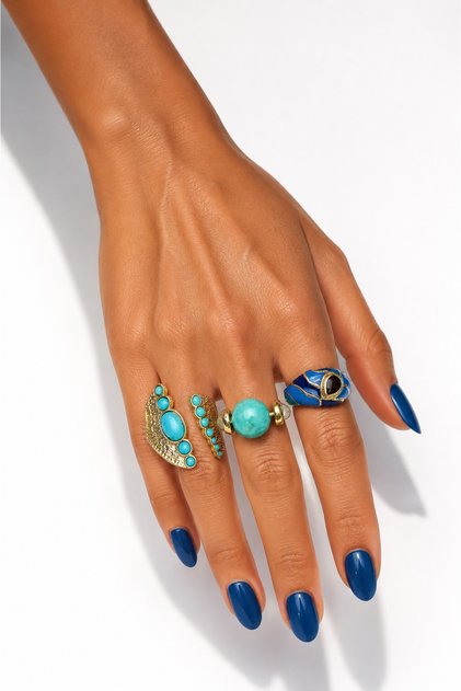 Designer Women's Turquoise Stone Blue 3-Piece Ring Set – Gold