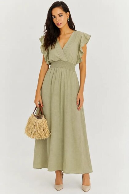 Women's Khaki Double-Breasted Collar Gipeli Waist Ruffle Sleeve Long Dress