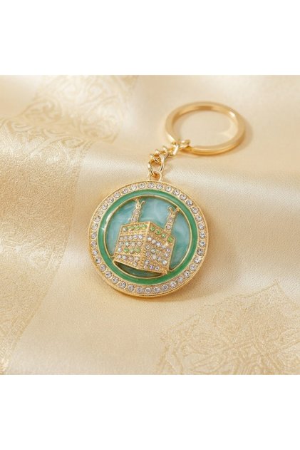 3D Metal Keychain with Shiny Stone Detail and Kaaba Design