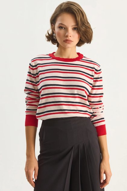 Women's Striped Red Ecru Sweater