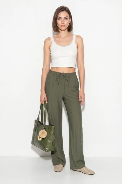 Women's Elastic Waist Tie Pocket Ayrobin Wide Leg Khaki Trousers