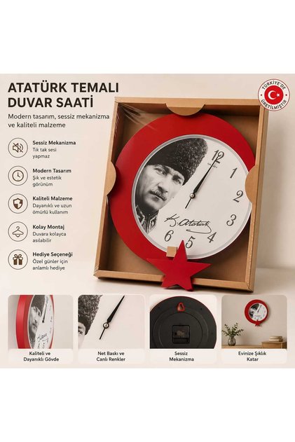 Atatürk ve Türk bayraklı duvar saati