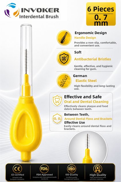 Interface Brush Dental Interdental Brush Cleaning Brush between Teeth and Braces 0.7mm Yellow 6 Pieces Short Handle Drop Model