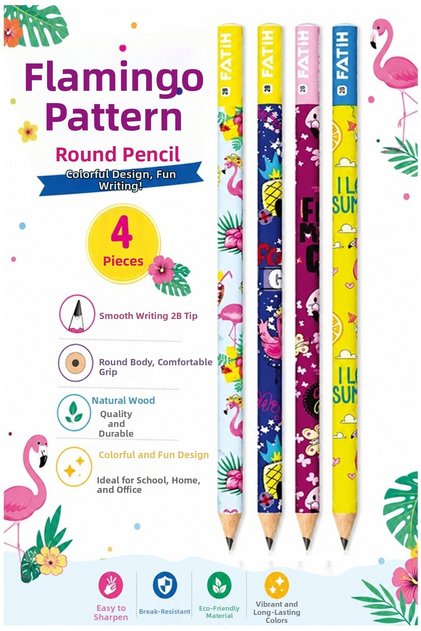Flamingo Pencil 4 Pieces Fatih Round Body Black Pencil 2B Soft Writing Easy to Hold