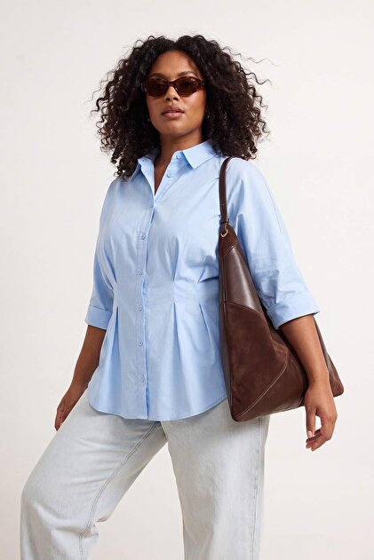 Trendyol Curve Light Blue Soft-Touch Waist-Fitted Pleated Plus