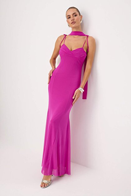 fuchsia graduation dress Trendyol Collection Heart Neckline Fish Maxi Form Woven Satin Evening & Tprss26Ae00158 Occasion:summer-events