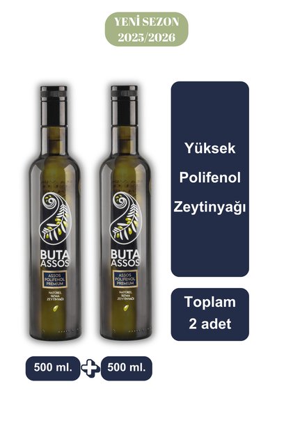 "ASSOS POLİFENOL PREMIUM" Erken Hasat Soğuk Sıkım Zeytinyağı 2'li. 500 ml. + 500 ml. Toplam 1 lt. 2025/2026 Sezonu