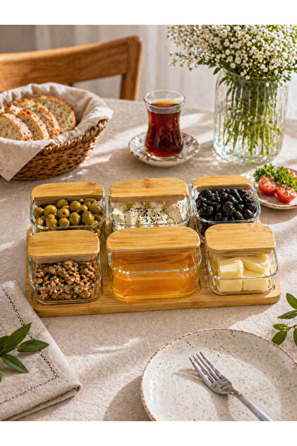 Karçiçeği Home Bambu Kare 400ml 6'lı Kahvaltılık Seti Cam Vakum