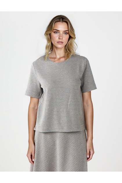Tan Round Neck Short Sleeve Plaid Pattern Blouse